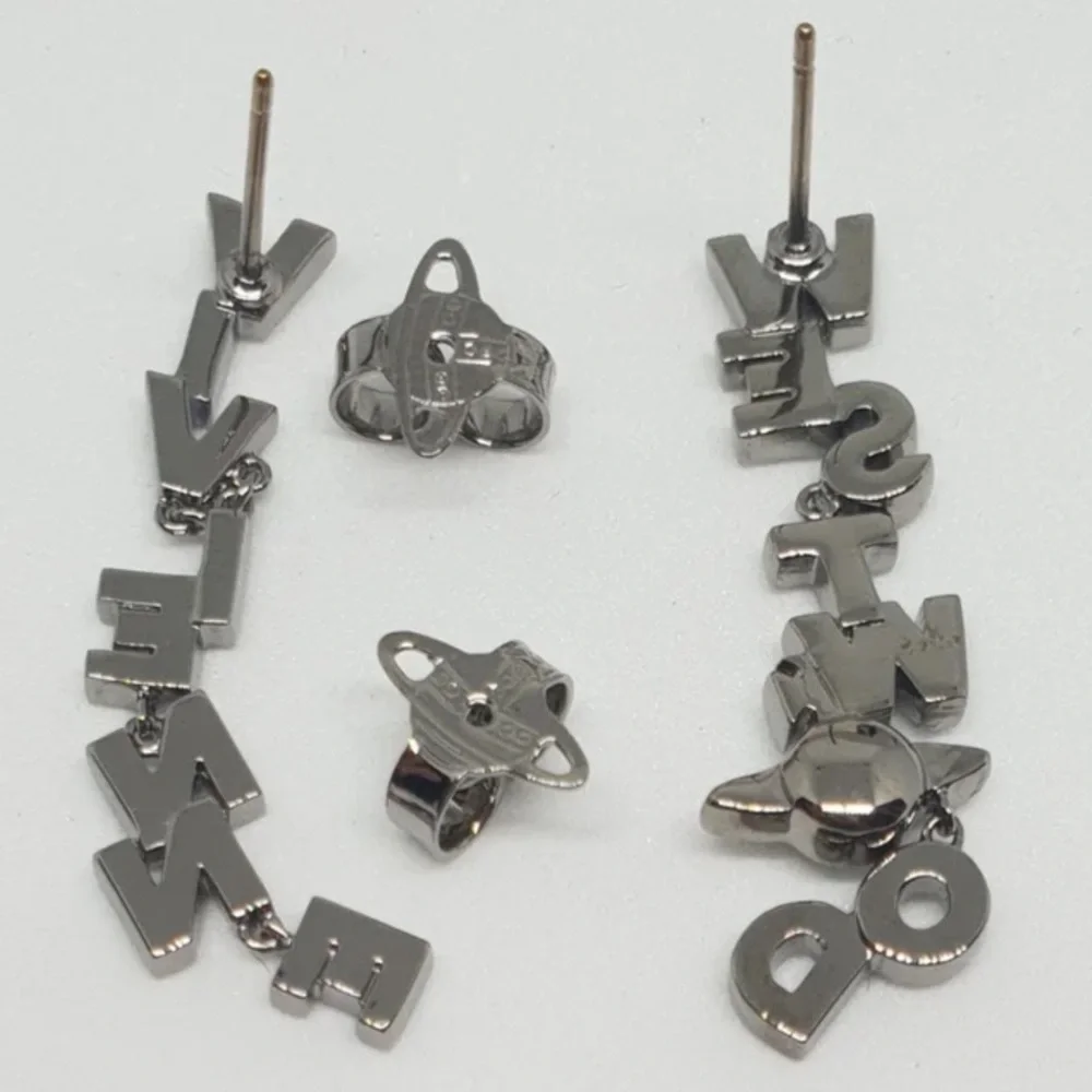 VIVIENNE WESTWOOD Soho Enamel Drop Logo Letter Earrings Blue Silver Crystal Orb - Picture 9 of 14